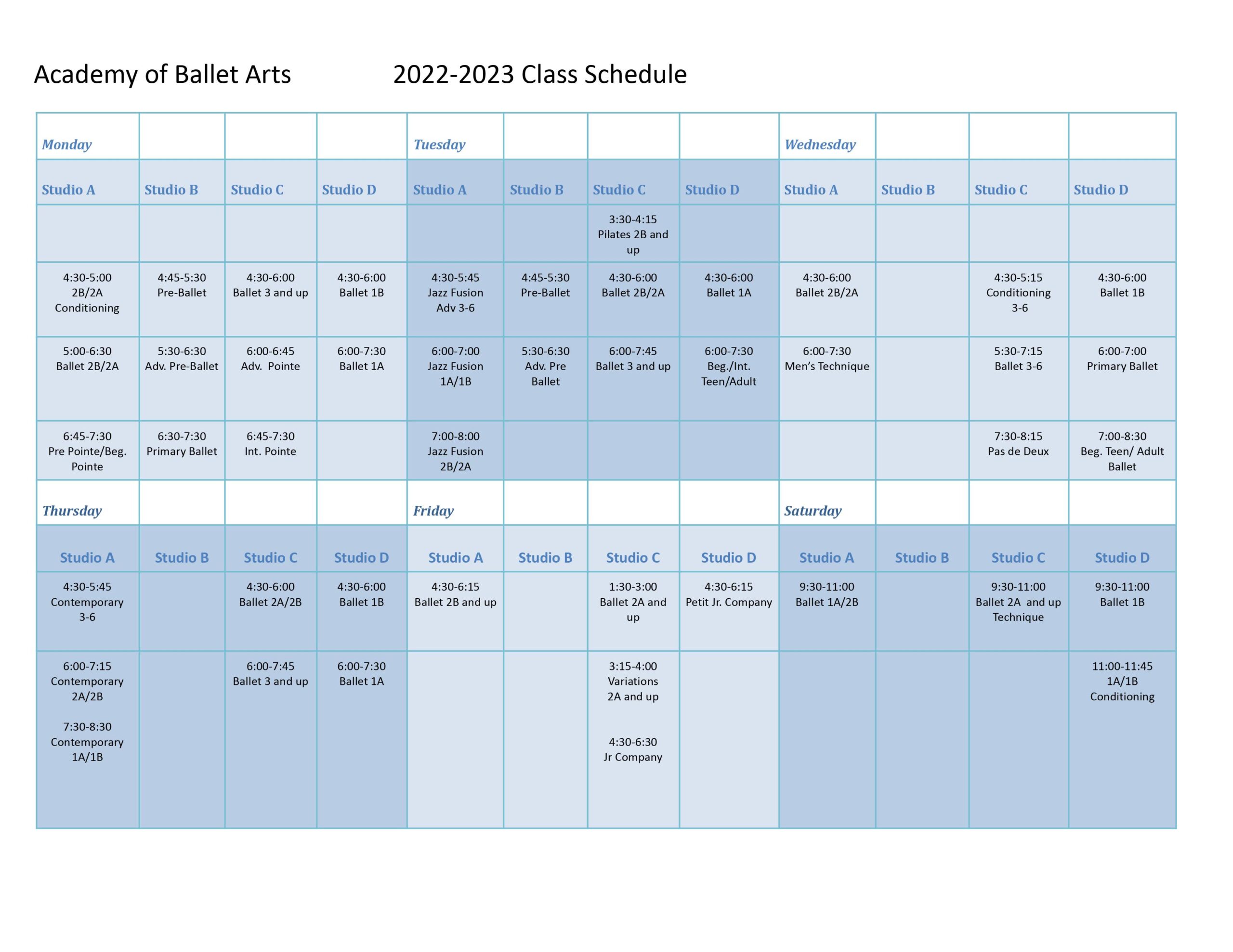 Academy of Ballet Arts schedule